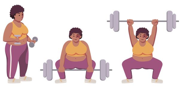 Fat strong black plus size woman with natural hair in cute sportswear trains with dumbbells, raises barbell. Workout. Exercises. Smiles, concentrated. Bicep curls. Deadlift sumo style. Weightlifting. - Vector, Image