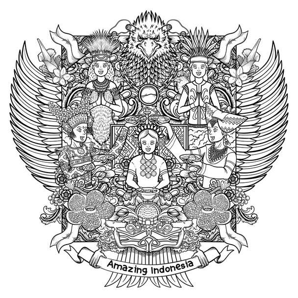  hembras indonesias con increíble cultura en garuda dibujo a mano esbozo ilustración - Vector, Imagen