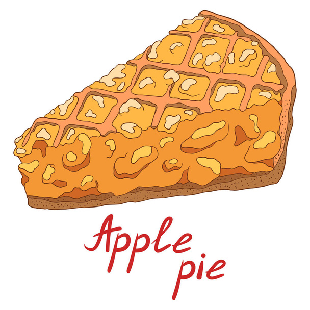 Un delicioso trozo de tarta de manzana. Ilustración aislada dibujada a mano con la inscripción sobre fondo blanco - Vector, Imagen