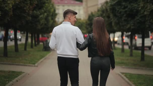 A man and a woman are walking in the park. They are talking and holding hands. 4K - Footage, Video