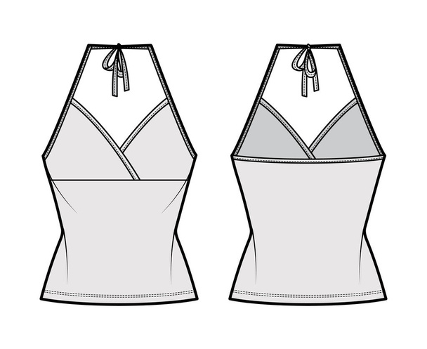 Top halter neck surplice tank cotton-jersey technical fashion illustration with empire seam, bow, slim fit, tunic length - Wektor, obraz