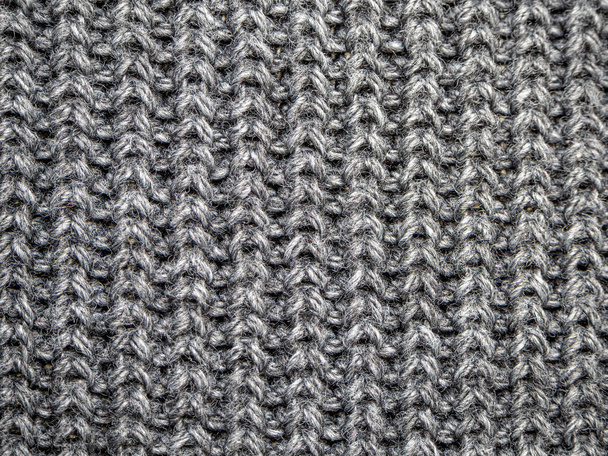 Textura de lã tecido de malha de fio, close-up. Imagem para o fundo, papel de parede. tapete de lã ou suéter. Textura cinzenta. Design moderno. - Foto, Imagem