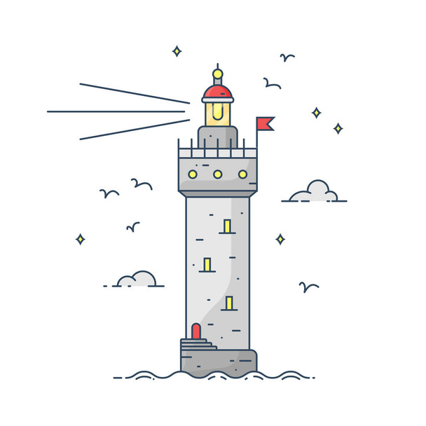 Night lighthouse on island in middle of sea - Vector, afbeelding