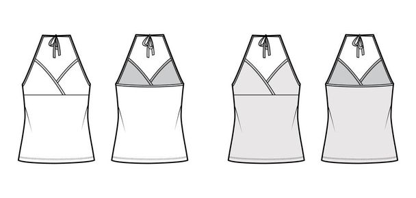 Top halter neck surplice tank cotton-jersey technical fashion illustration with empire seam, bow, oversized tunic length - Vector, imagen