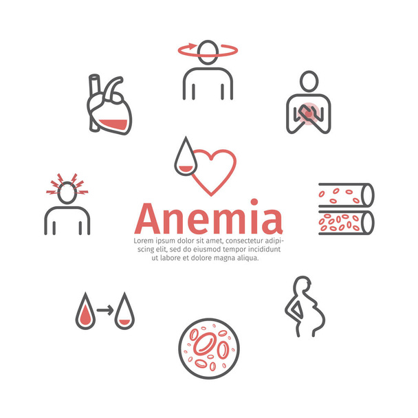 Iconos de síntomas de anemia. Concepto médico y sanitario. Ilustración vectorial editable en estilo moderno. - Vector, Imagen