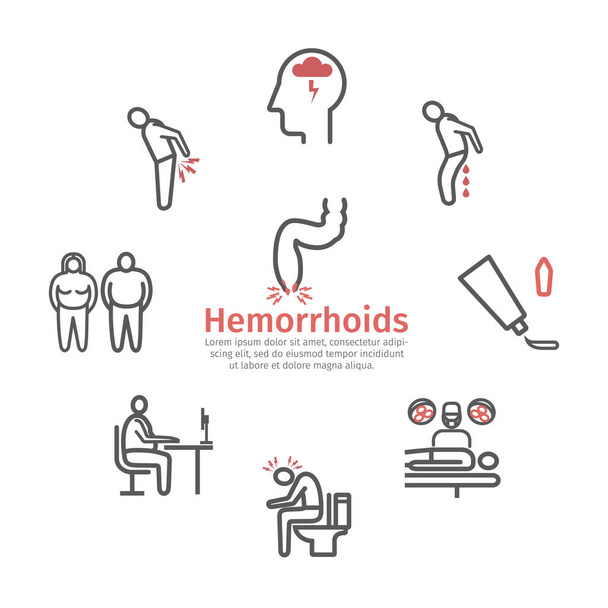 Hemorrhoids line icon Infographics. Symptoms, Treatment. Vector signs for web graphics. - Vector, Image