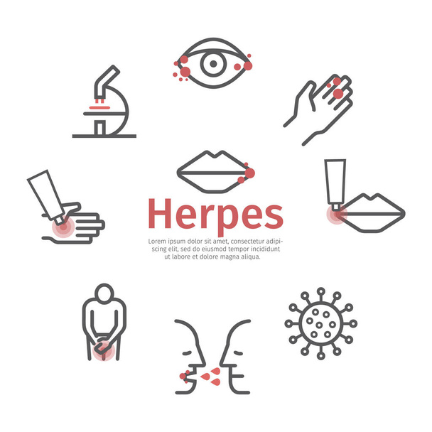 Herpes. Symptoms. Line icons set. Vector signs for web graphics - Vector, Image