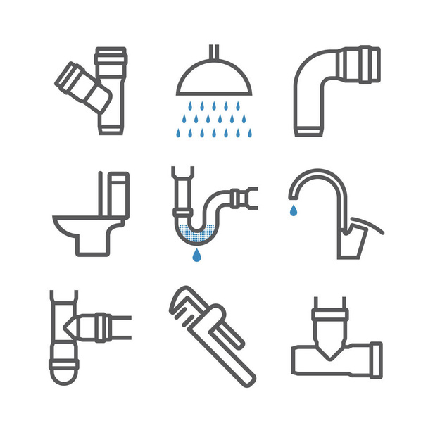 Fontanería, tuberías de agua, línea de alcantarillado icono conjunto. Ilustración vectorial - Vector, imagen
