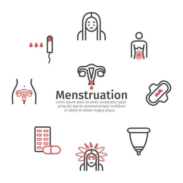 Menstruációs fájdalom. Vonalas banner. Vektorjelek webes grafikához. - Vektor, kép