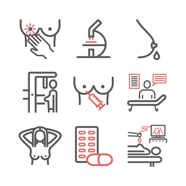 Breast Cancer. Symptoms, Causes, Treatment. Line icons set. Vector signs for web graphics. - Vector, Image