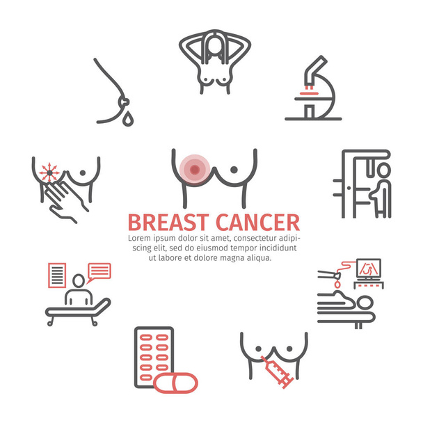 Breast Cancer. Symptoms, Causes, Treatment. Line icons set. Vector signs for web graphics. - Vector, Image