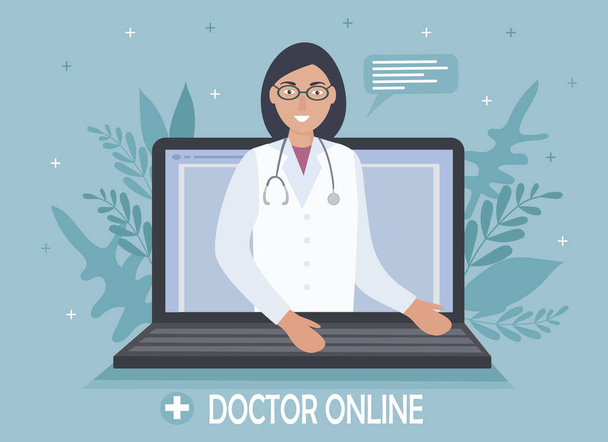 Ένας γιατρός με στηθοσκόπιο σε οθόνη φορητού υπολογιστή μιλάει σε έναν ασθενή στο διαδίκτυο. Ιατρικές συμβουλές, εξετάσεις, θεραπεία, υπηρεσίες, υγειονομική περίθαλψη, συνέδριο online. για την ιστοσελίδα κλινική, app. Διανυσματικό επίπεδο - Διάνυσμα, εικόνα