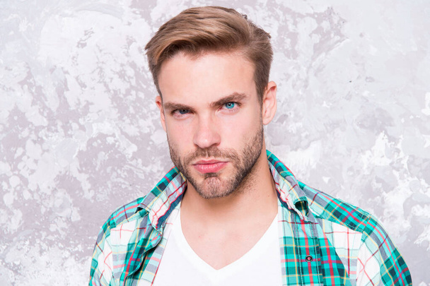 macho man grunge background. male fashion spring collection. charismatic student checkered shirt. unshaven man care his look. barbershop concept. mens sensuality portrait. sexy guy casual style - Fotó, kép