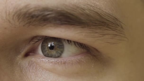 Close-up van het menselijk oog die uiting geeft aan een emotie van shock en verrassing. Actie. Mannelijke oog onder zonlicht kijken recht. - Video