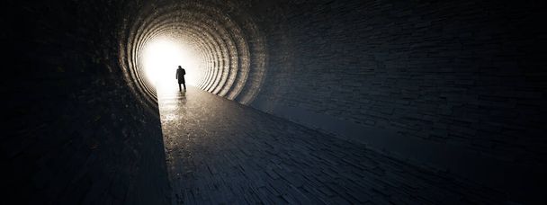 Concept of conceptuele donkere tunnel met een helder licht aan het einde of uitgang als metafoor voor succes, geloof, toekomst of hoop op nieuwe kansen of vrijheid 3d illustratie - Foto, afbeelding
