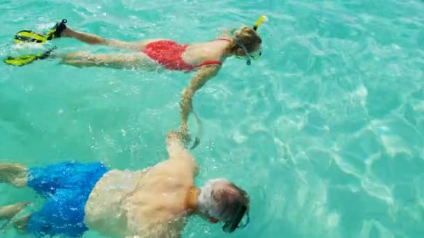 Fit reife kaukasische Paar Schnorcheln und Schwimmen Bahamas - Filmmaterial, Video