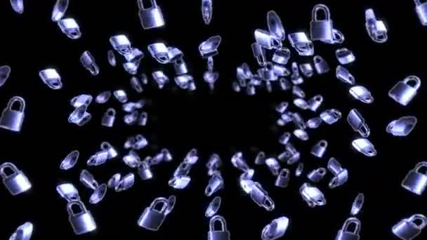 Flying many silver padlocks on black background. Security or secret protection concept. 3D animation of padlocks rotating. Loop animation. - Footage, Video
