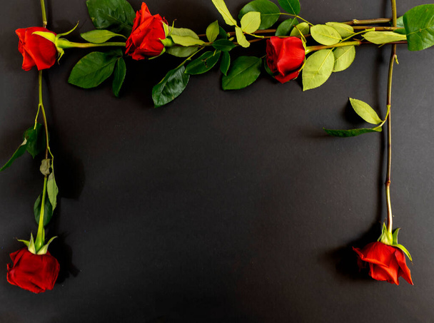 Punaiset ruusut mustalla taustalla, postikortti, banneri, Flat Lai hautajaisissa - Valokuva, kuva