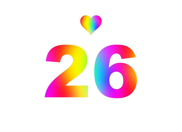Εικονογράφηση 26ης κάρτας γενεθλίων με πολύχρωμους αριθμούς που απομονώνονται σε λευκό φόντο. - Φωτογραφία, εικόνα