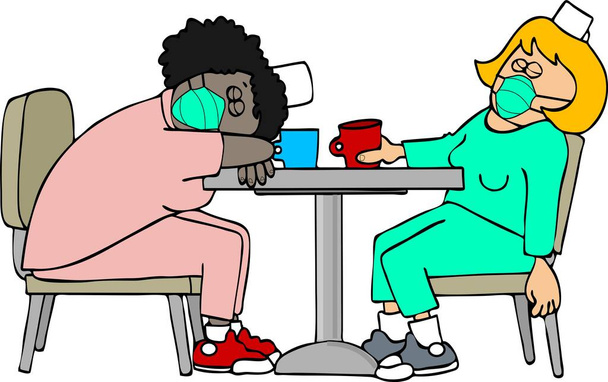 Illustration zweier erschöpfter Krankenschwestern, die Gesichtsmasken tragen, während sie an einem Tisch sitzen - Foto, Bild