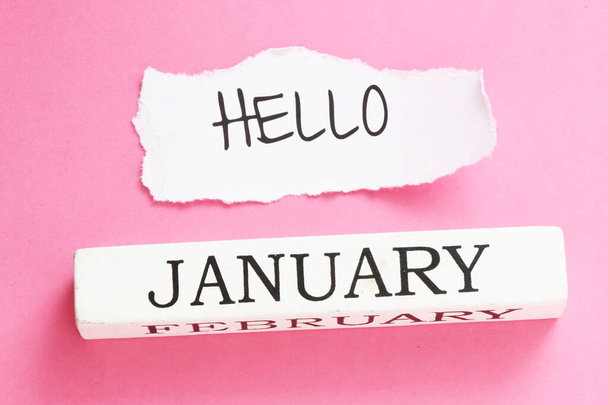 January text written on a white wooden cube. The beginning of the year, the first month is the time to prepare for the whole year. - Photo, Image