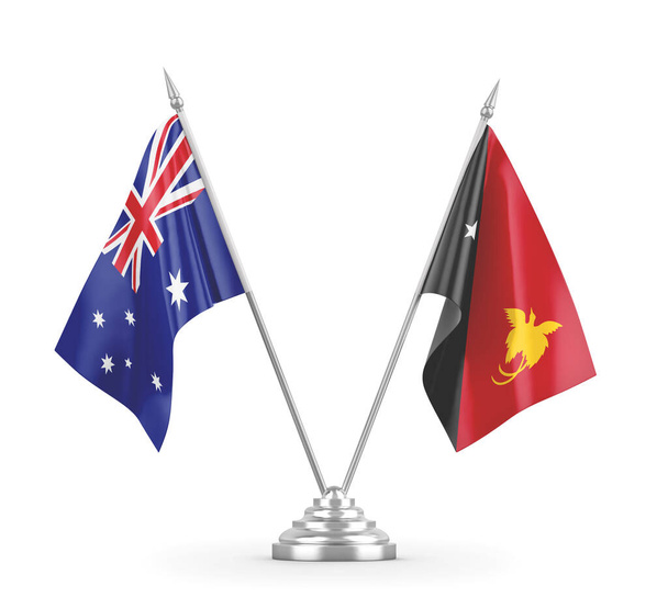 Bandiere da tavolo Papua Nuova Guinea e Australia isolate su rendering 3D bianco  - Foto, immagini