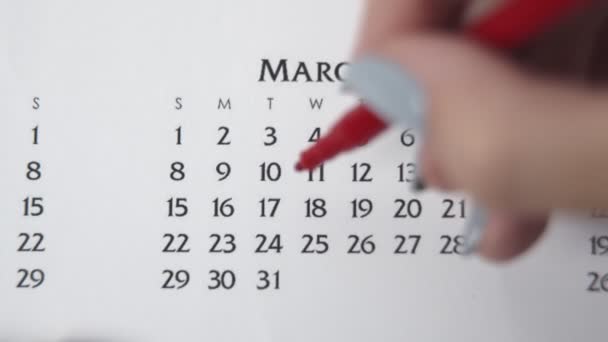 Giorno di cerchio di mano femminile in data di calendario con un marcatore rosso. Business Nozioni di base Wall Calendar Planner e organizzatore. 17 MARZO - Filmati, video