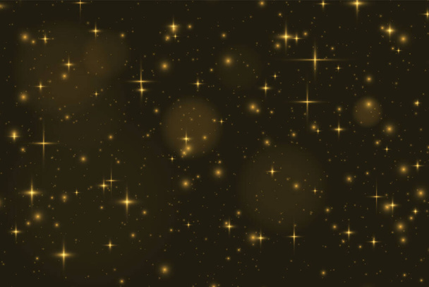 Ігристі магічні частинки пилу. Пилові іскри та золоті зірки сяють спеціальним світлом на чорному прозорому фоні. Золотий блискучий світловий ефект. Векторні блискітки
. - Вектор, зображення