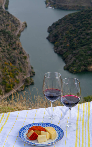 Degustazione di vino rosso portoghese secco, prodotto in Valle del Douro con formaggio di capra e pecora e fiume Douro e vigneti terrazzati sullo sfondo in autunno, a nord del Portogallo - Foto, immagini