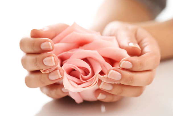 Cuidado de la piel. Manos con rosa rosa - Foto, Imagen