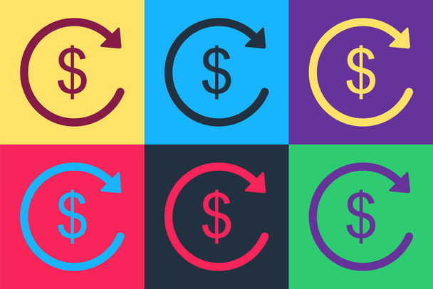 Pop art Refund money icon isolated on color background. Financial services, cash back concept, money refund, return on investment, currency exchange.  Vector. - Vector, Image