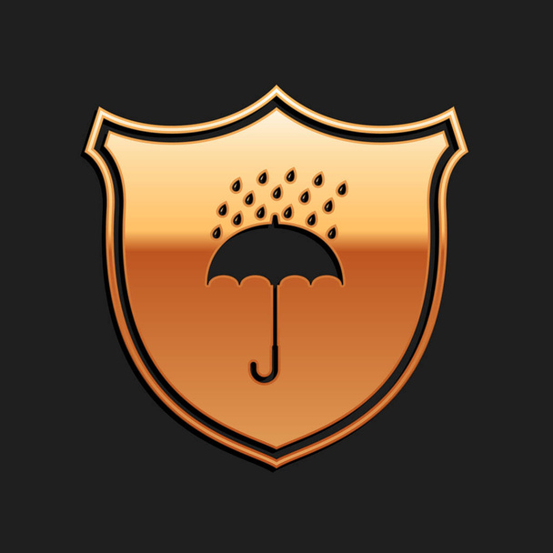 Золота водонепроникна іконка ізольована на чорному тлі. Щит і парасолька. Захист, безпека, концепція безпеки. Символ водостійкості. Довгий стиль тіней. Векторні
. - Вектор, зображення