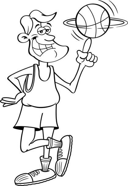 Ilustración en blanco y negro de un jugador de baloncesto sonriente haciendo girar una pelota de baloncesto en su dedo. - Vector, Imagen