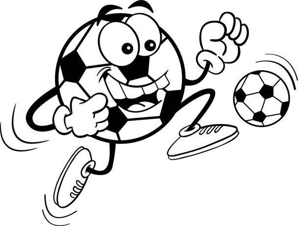 Ilustración en blanco y negro de una pelota de fútbol feliz pateando una pelota. - Vector, Imagen