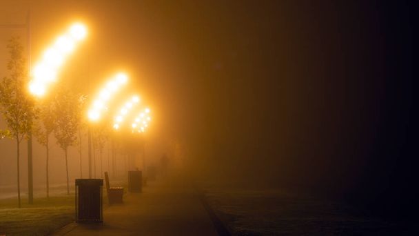 Нічна міська вулиця, ліхтарі освітлюють нічну вулицю в тумані. Таємнича атмосфера
. - Фото, зображення