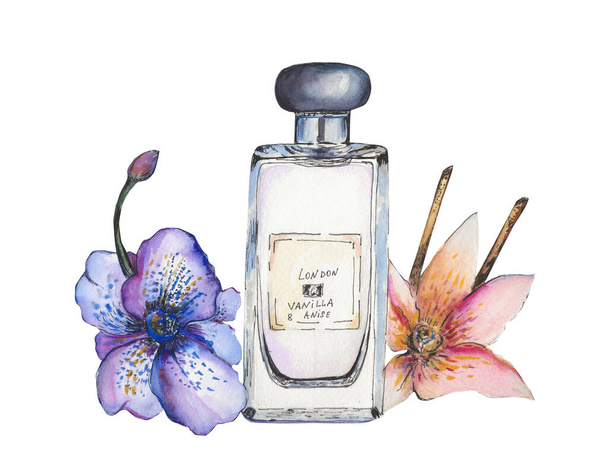 Frasco de perfume com flores de baunilha e orquídea - Foto, Imagem