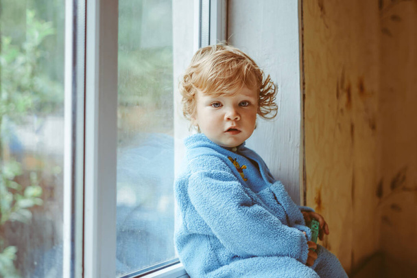 a small serious boy is sitting by the window - 写真・画像