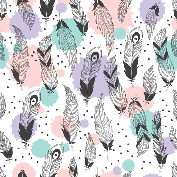 Vector seamless feathers pattern in boho style - Vector, Image