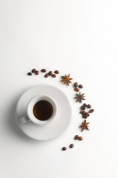 white coffee cup and beans on white background, Cup of espresso.Top view - Фото, зображення
