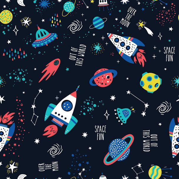 Seamless childish pattern with space elements, star.Creative nursery background. Perfect for kids design, fabric, wrapping, wallpaper, textile, apparel - ベクター画像
