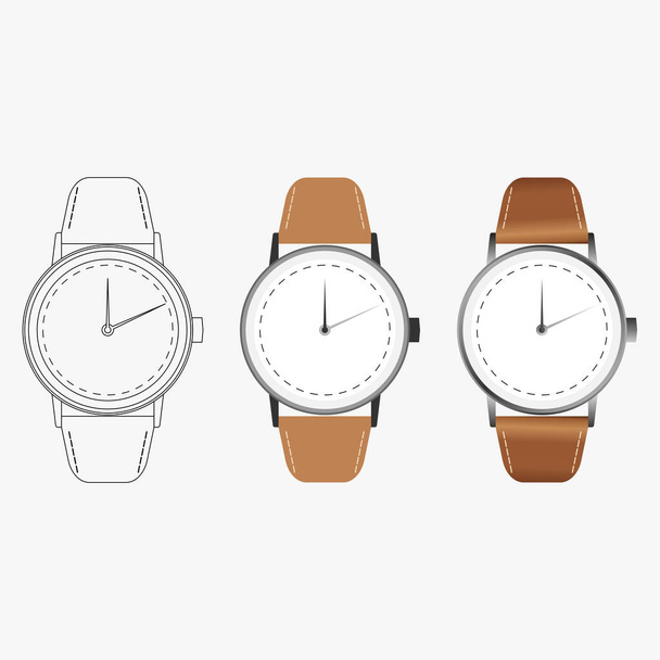 Conjunto de relógios masculinos clássicos. Relógio de pulso isolado com pulseira de couro. - Vetor, Imagem