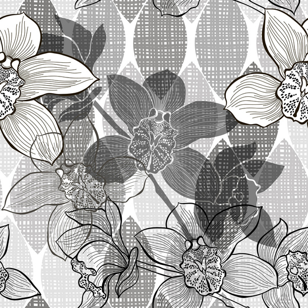 Monochrome floral seamless pattern with hand drawn orchids .Vect - Vektör, Görsel