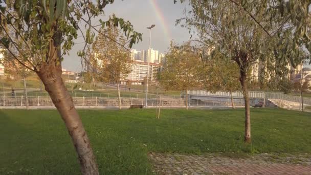 Nobody. No people. Big bright amazingly beautiful rainbow in sky. - Footage, Video