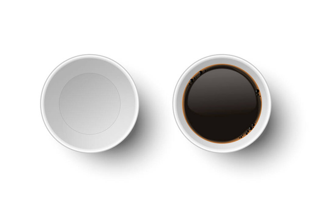 Vector 3d Realistic Paper White Disposable Empty and with Coffee Cup Set Isolated on White. Espresso, Mocha, Macchiato. Stock Vector Illustration. Design Template. Top View - Вектор,изображение