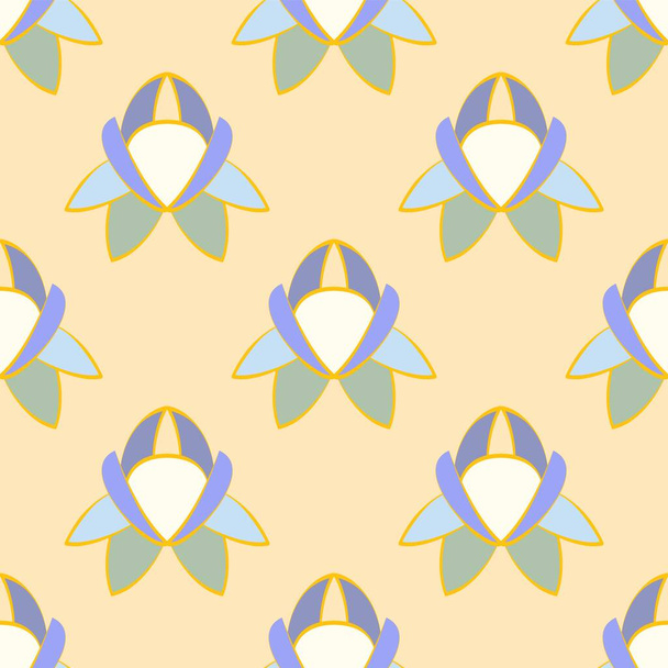 Seamless vector repeatable pattern in an Art Deco style of simple flowers in cream and lilac on a beige backdrop in a formal arrangement - Vector, Image
