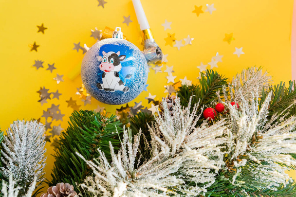黄色の背景におもちゃの雄牛。クリスマスの装飾が施されたクリスマスツリーの枝。選択的集中。コーンと一緒にお祝いの装飾やモミの枝。2021年のシンボルとしてのブル. - 写真・画像