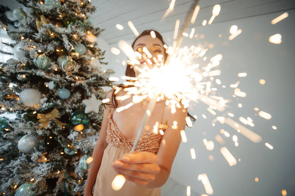 A woman with a sparkler at Christmas. - Fotoğraf, Görsel