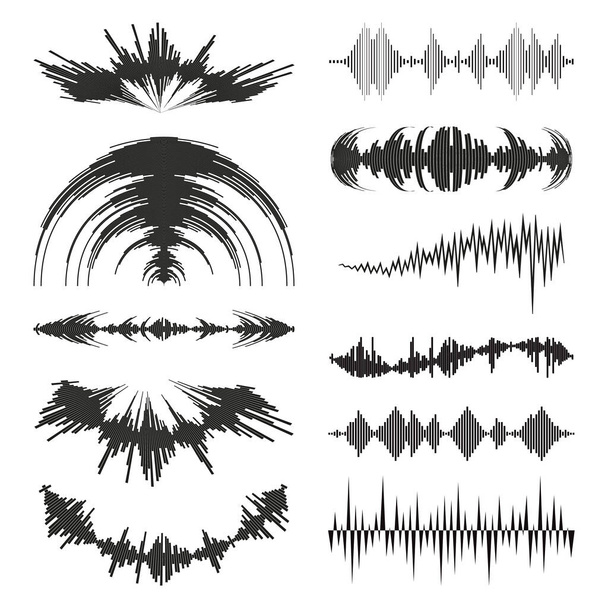 coleção de logotipo ondas de música preta com símbolos de áudio no fundo branco. Conjunto de elementos de equalizador de som moderno. Jpeg plana forma de onda tecnologia isolada - Foto, Imagem