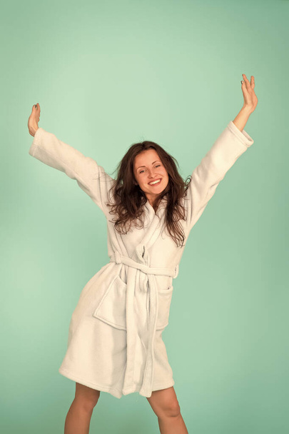 Good morning. Spa and skin care. Spa and wellness concept. Relax rest and self care. Time for self care. Girl long tousled hair wear bathrobe. Self quarantine time can be an opportunity. Happy female - Photo, image