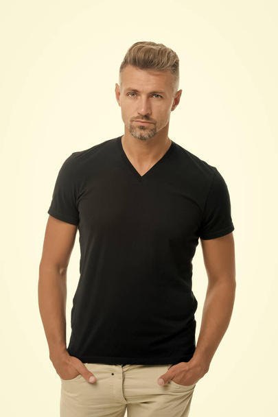 Keep calm. He knows he is attractive. Mature man. Overcome problems. Midlife Crisis. Psychological crisis. Male beauty standards. Mature guy wear black shirt looks stylish. Crisis solution - Фото, зображення